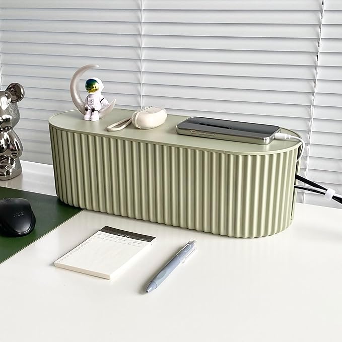 Green Cable Management Box, Power Strips Hider Cover Under TV and Desk for Home, Office, School Use, Plastic Surge Protector Cover on Floor, Electronics Cord Bin with Lid (Large)