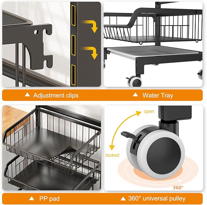 4-Tier Kitchen Snack Cart with Wheels – Versatile Rolling Storage Cart for Pantry, Utility Rooms – Adjustable Metal Wire Fruit & Vegetable Basket Rack (Black Without cart Handle, 4-Tier)