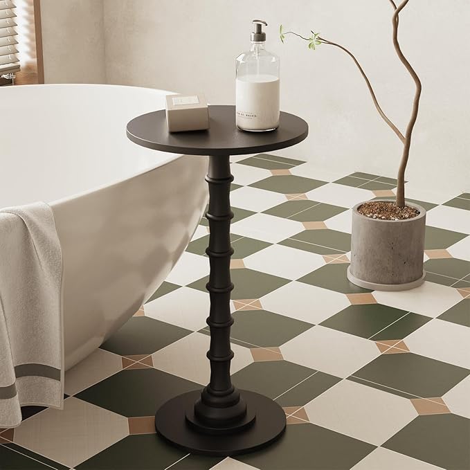 Round Side Table, Modern Drink Table for Small Spaces, Small End Table with Solid Wood Leg for Living Room, Bedroom, Corners, and Office (Black)