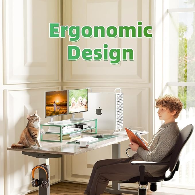 Simple Trending 2 Tier Metal Dual Monitor Stand Riser, Computer Office Desktop Organizer for 2 Monitors with 32"x10" Mouse Pad for Laptop, Printer, TV, Green