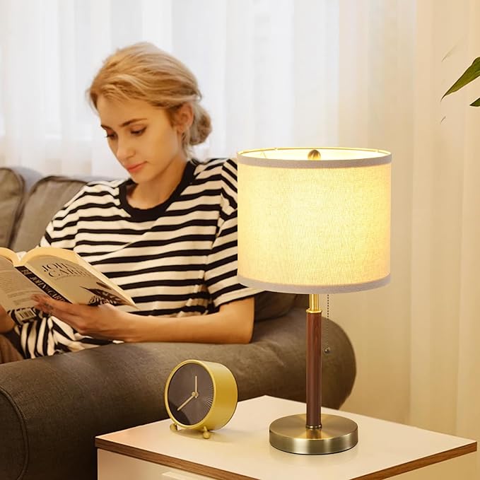 Mid Century Table Lamps Set of 2, 19.5" Modern Bedside Buffet Table Lamps with Pull Chain Switch, Antique Brass & Wood Small Nightstand Lamps for Living Room Bedroom End Table