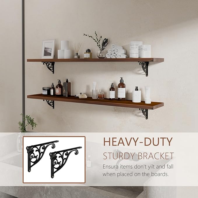 48 inch Long Floating Shelves for Wall,Solid Pine Wood Long Wall Shelves Set of 2,Walnut Color Bookshelf with Retro Iron Brackets for Living Room,Kitchen,Bathroom