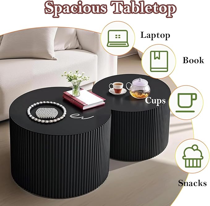 Black Round Fluted Coffee Table Set of 2 - Handcraft Embossed Design, Stylish Combination Center Drum Table for Living Room - No Assemble Needed (D-18.9IN+15IN)