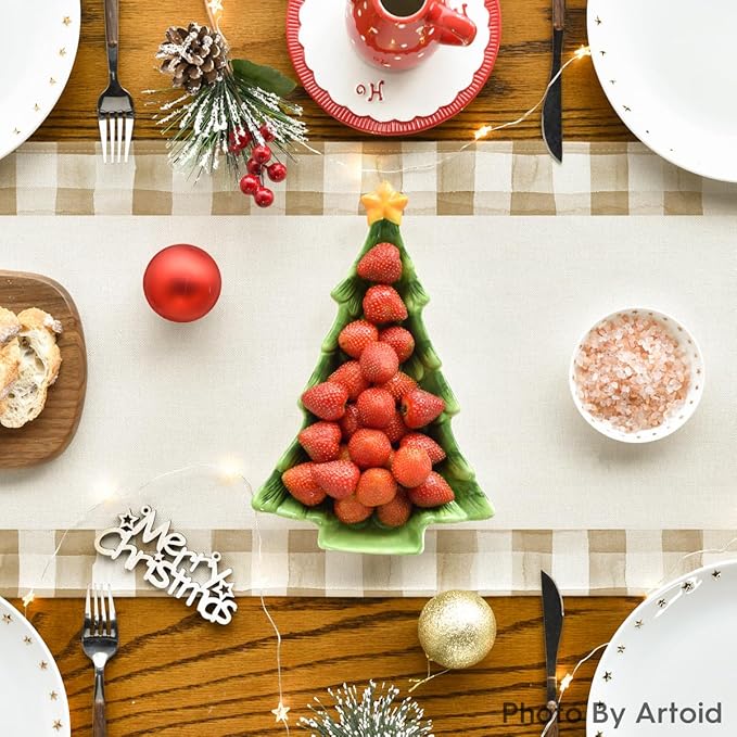 Artoid Mode Watercolor Brown Buffalo Plaid Christmas Trees Merry Xmas Table Runner, Seasonal Winter Holiday Kitchen Dining Table Decoration for Home Party Decor 13 x 72 Inch
