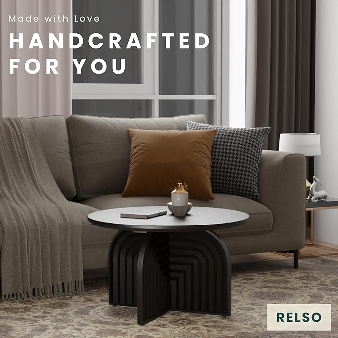 Charon Coffee Table – Solid Mango Wood Round Accent Table, Handcrafted Black Finish – Modern Coffee Table for Living Room, Patio, Bedroom, or Apartment – Compact, Durable, Easy Assembly Design