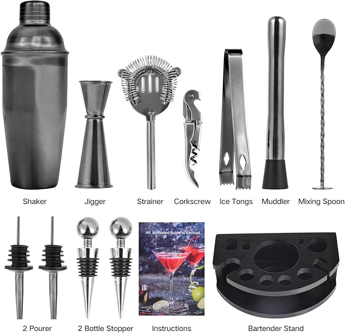 Bartender Kit with Stand, 12-Piece Bar Set | 24oz Cocktail Shaker Set for Drink Mixing, Martini Shaker Set with Bar Tools, Recipes Booklet | Fun Housewarming Gift (Black)
