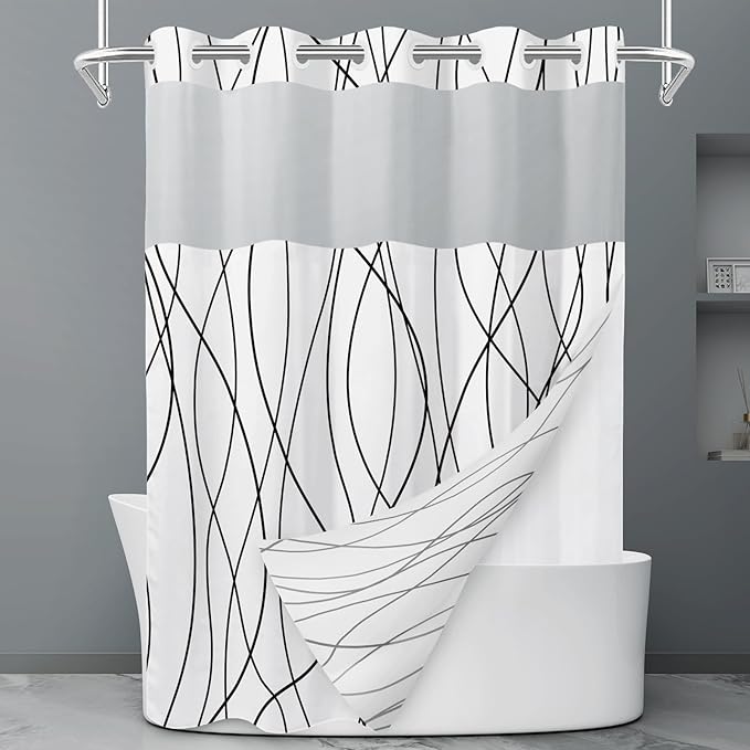 No Hook Black and White Striped Shower Curtain with Snap in Liner Set - Hotel Shower Curtain and Liner Set with See Through Mesh Top Window,Machine Washable, 71x74 INCH
