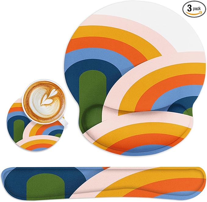 Britimes Ergonomic Mouse Pad Set with Wrist Rest Abstract Rainbow Non-Slip Rubber Base Wrist Cushion Support and Coasters Mousepad with Wrist Support for Computer Keyboard and Desk