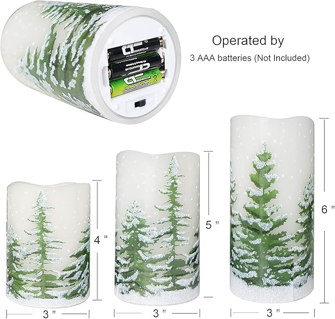 DRomance Christmas Flameless Candles with 6 Hour Timer, 3 Pack Real Wax LED Pillar Candles Warm Light Flickering Holiday Decor(Green Christmas Tree, 3 x 4,5,6 Inches)