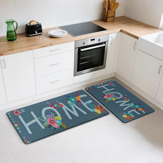 GENIMO Anti Fatigue Kitchen Mats for Floor, Non Slip Washable Home Theme Rugs Sets of 2, Farmhouse Cushioned Waterproof Comfort Runner Rug for Kitchen, Sink, Desk, Laundry, 17"x 47"+17"x 30", Blue
