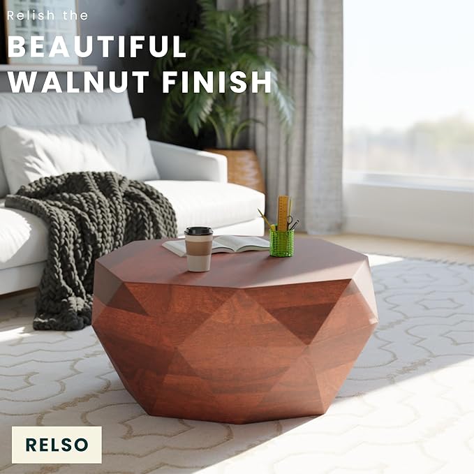 Relso Solid Wood Geometric Faceted Coffee Tables Living Room, Crafted for Versatile Use | Drum Round Shaped | for Living Rooms | Wooden Drum Coffee Table Octavian Table