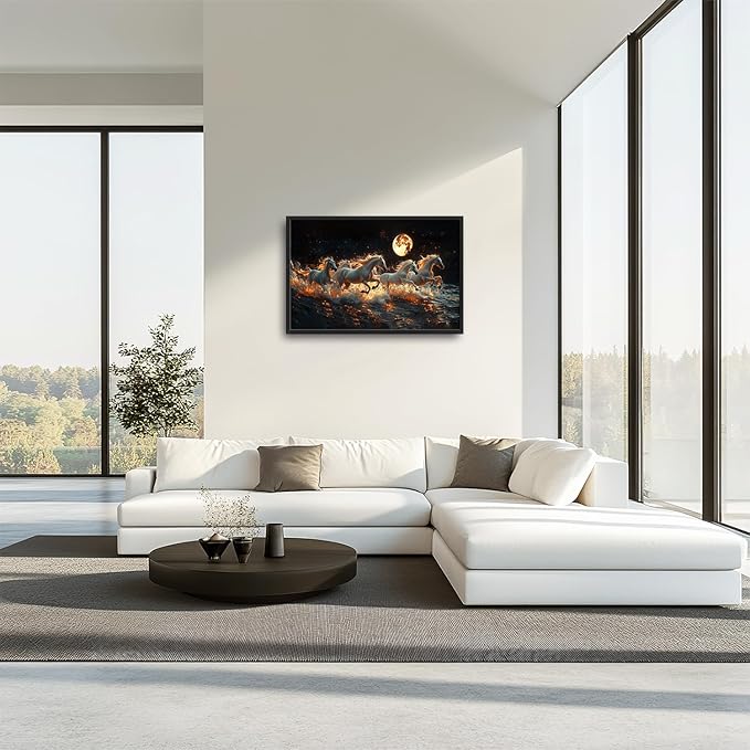 Horse Wall Art, White Horses Pictures Wall Decor, Running Animal in Moonlight Canvas Prints Painting, Large Framed Artwork for Living Room Office Bedroom Bathroom Corridor 36"x 24"