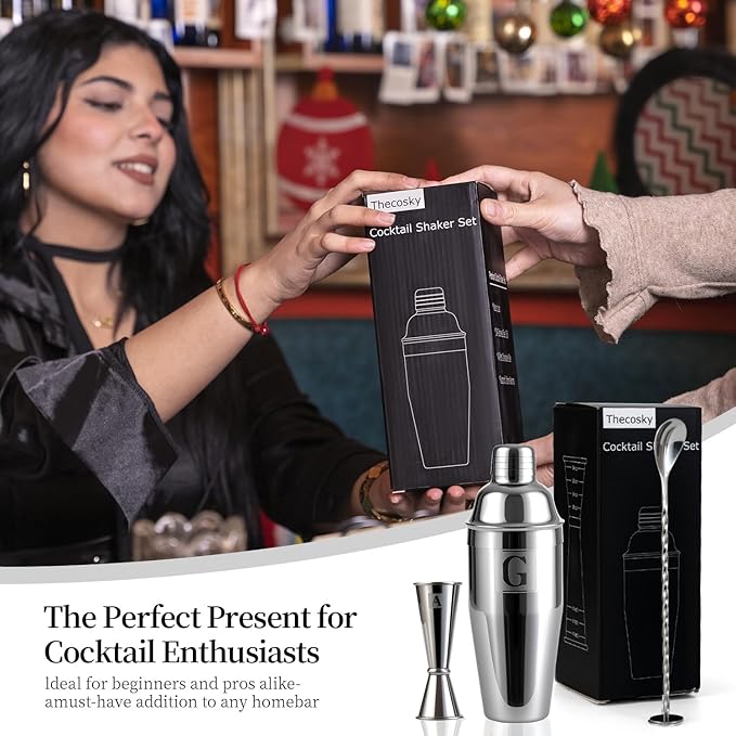 24oz Cocktail Shaker Set with 1 oz 2oz Jigger - Monogramm Initials Martini Shaker Set - 304 Stainless Steel Bar Shaker for Margarita,Mojito-Personalized Gift for Friend,Husband-X