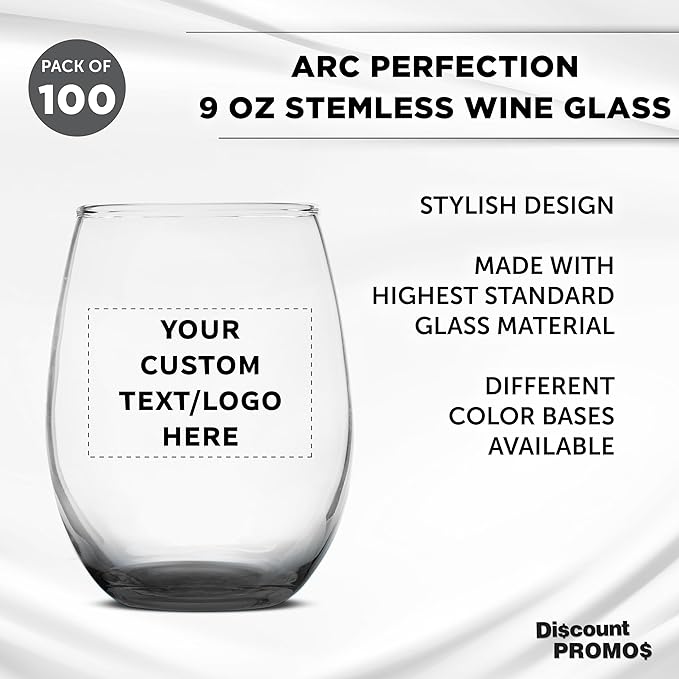 Custom Stemless Wine Glass 9 oz. Set of 100, Personalized Bulk Pack - Great for Wedding Favors, Bachelorette Party Decorations, Party Fovors, Color Bottom - Black