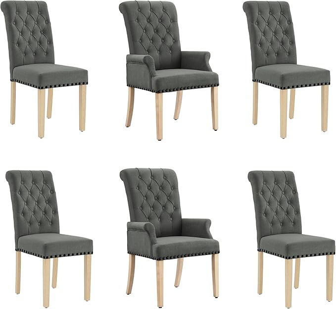 AODCHR Upholstered Fabric Accent Dining Chair Set of 6, Elegant Tufted Dining Room Chairs, Kitchen Room 2 Arm with 4 Armless,Dark Grey