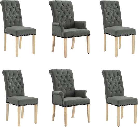 AODCHR Upholstered Fabric Accent Dining Chair Set of 6, Elegant Tufted Dining Room Chairs, Kitchen Room 2 Arm with 4 Armless,Dark Grey