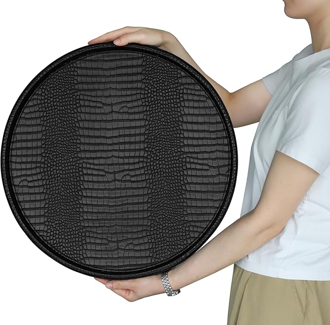 HofferRuffer Round Serving Tray 20'', Elegant Faux Leather Circle Ottoman Table Tray, Serve Tea Coffee Breakfast in Bedroom Living Room Kitchen (Classic Black)