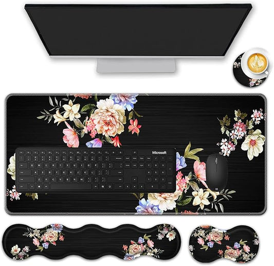 Mouse Pad Set,(31.5×11.8 in) Desk Pad + Keyboard Wrist Rest Support + Mouse Wrist Rest + Coaster for Office,Home,Computer,Laptop - 4 Peony Flower