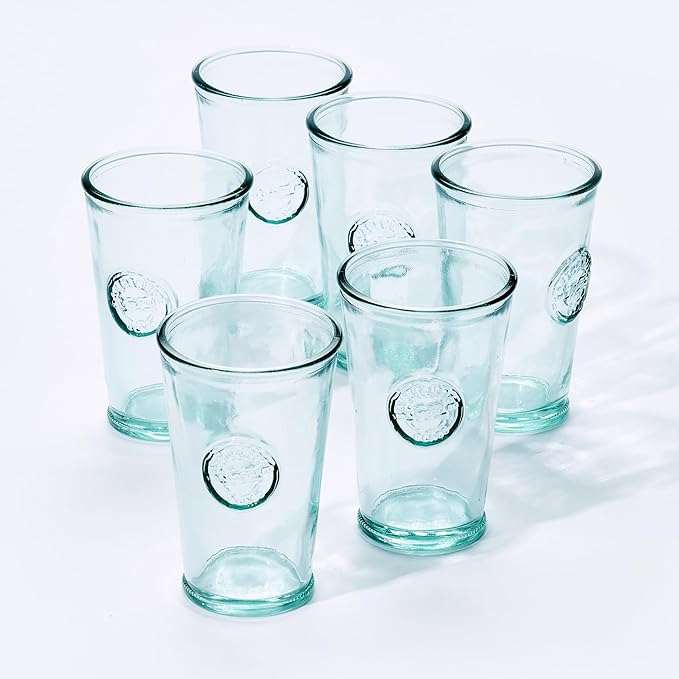 Recycled Glass Drinking Glasses Set Of 6, 10oz Authentic Glass Drinking Glasses, Made Of 100% Recycled Glass, Juice Glasses, Dishwasher-Safe Kitchen Glasses, Lead-Free, Made in Spain.