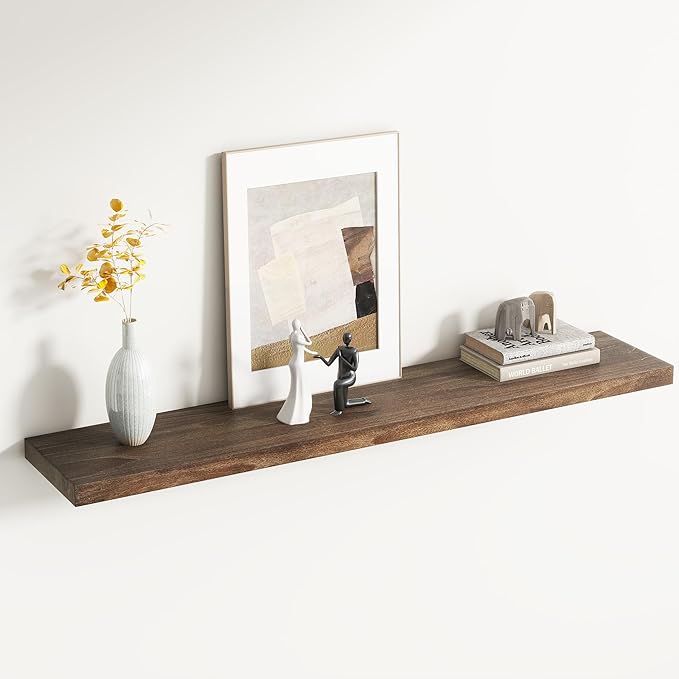 Rustic Elm Wood Floating Shelf for Wall, Flat Edge 48"W x 9.2"D x 1.4"H, 1 Pack with Invisible Bracket, Large Wall Mounted Storage Shelf for Living Room Bedroom Kitchen Bathroom Decor, Walnut Finish