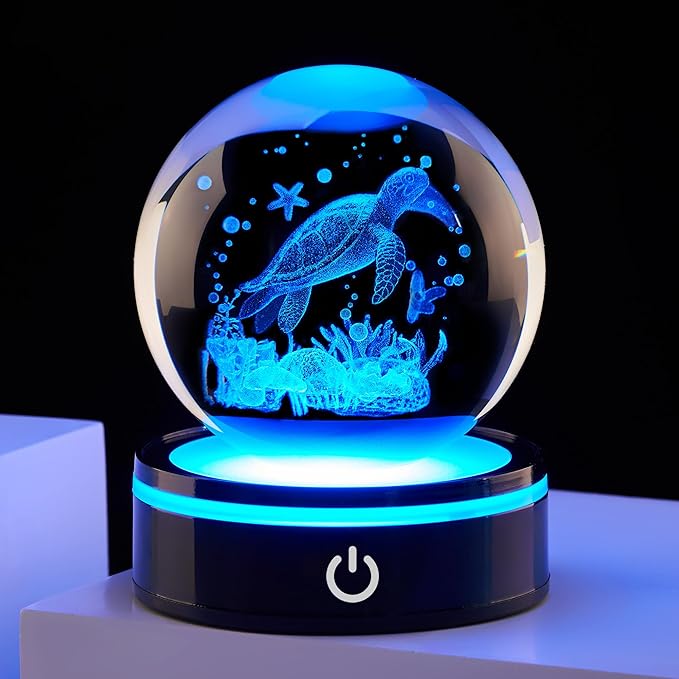 3D Sea Turtle Crystal Ball Figurine with LED Base Laser Ocean Figurines Lover Gifts for Women Men on Christmas Birthday Decorative Ball Sea Turtle Glass Globe Night Light for Room Decorations Crafts