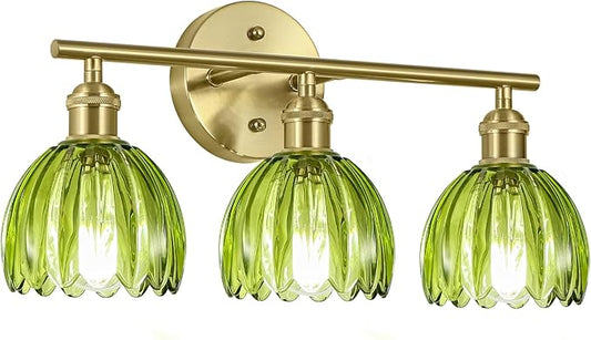 Vintage Bathroom Light Fixtures,3-Light Hardwired Vanity Lights Over Mirror,Gold Wall Sconces with Green Tulip Glass Shade for Bathroom Living Room,E26 Socket(Bulbs Not Included)