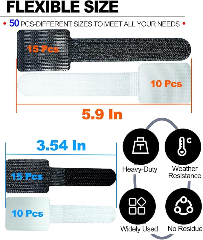 50 Pcs Self Adhesive Cable Tie Reusable Made of 3M, Multi-Purpose Heavy Duty Hook Loop Cable Management Wire Ties for Home,Office,Kitchen,School (5.9" & 3.54", Black & White)