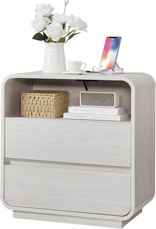 White Nightstand with Charging Station, 25" Tall Wood Bedside Table, Modern End Table with 2 Storage Drawers, Curved Profile, Mid Century Night Stand for Bedroom, Dorm, Sofa, Office