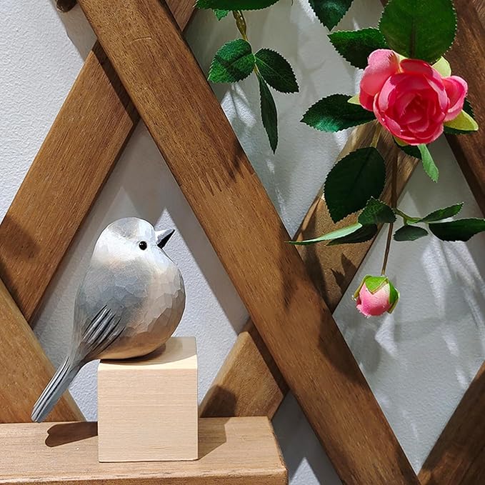 Handmade Wooden Carved Bird Decor Sculpted Hand-Painted Bird Figurines Small Home Decor Bird Statue Shelf Decor BFF Gifts for Bird Lovers (Gray Jay)