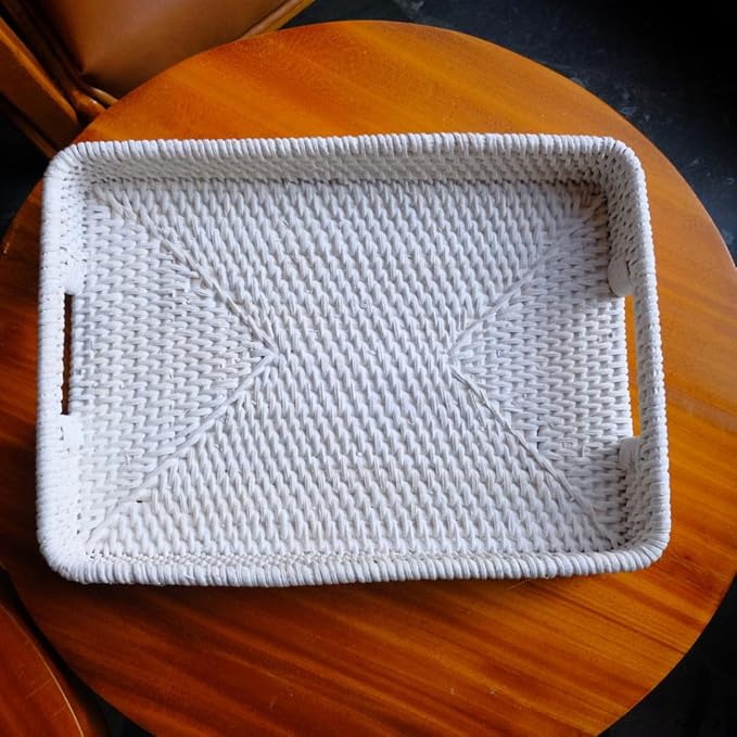 White Wash Rectangular Wicker Serving Tray | Set of 2 | Handmade Woven Rattan Storage Basket | Decorative Coffee Tabletop Tray - (L- 15.4"" x2.4 M- 13.7"" x 2"")