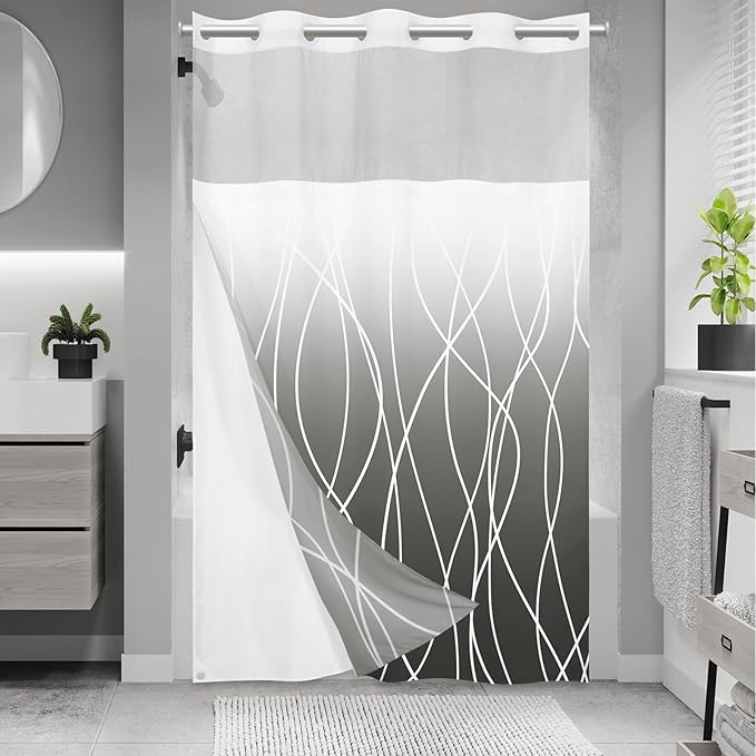 No Hook Ombre Dark Grey Striped Stall Shower Curtain with Snap in Fabric Liner Set - Hotel Shower Curtain and Liner Set with See Through Mesh Top Window,Machine Washable, 54x80 INCH