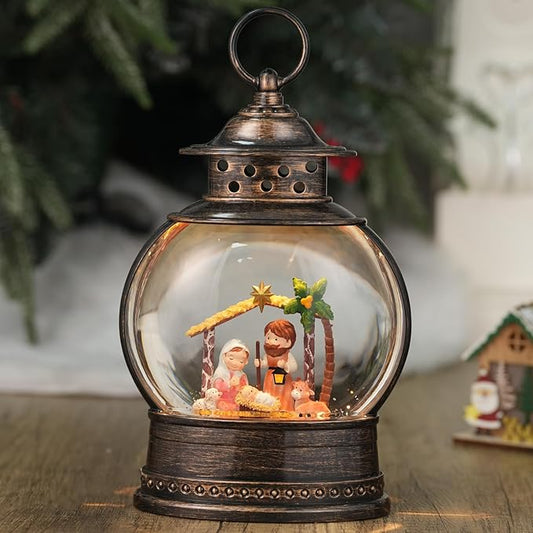 Christmas Nativity Snow Globe, 12" Musical Lighted Christmas Snow Globe Lantern, Christmas Nativity Set Indoor, Swirling Glitter Lanterns with Timer, Battery Operated/USB Powered Christmas Home Decor