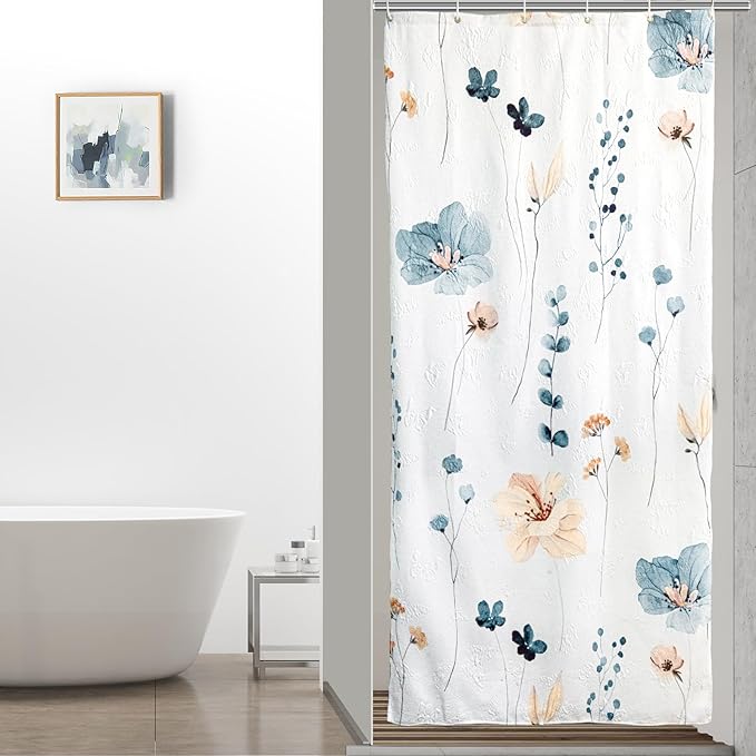 QiyI Small Stall Shower Curtain 36 x 72, Narrow Half Watercolor Floral Bath Curtain, 3D Embossed Blue Beige Flower Cloth Bathroom Curtain, Waterproof Fabric White Shower Curtain Set with Hooks