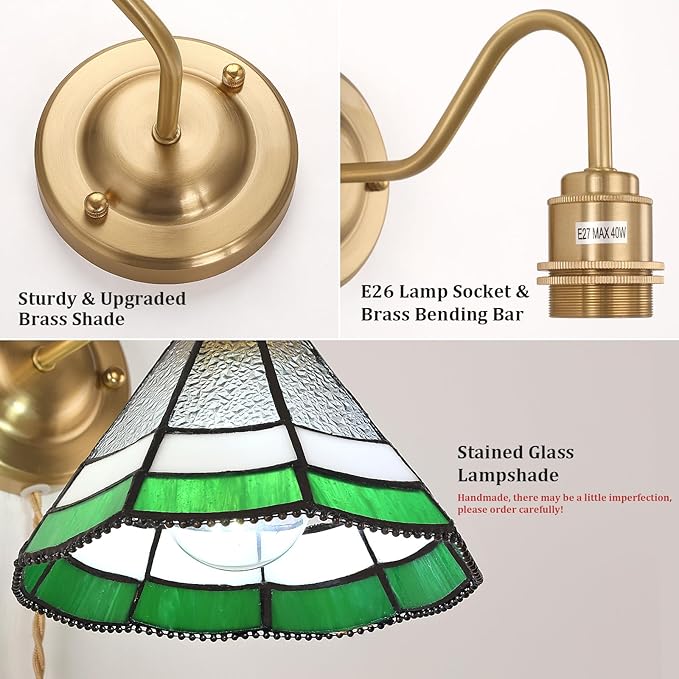 Plug in Wall Sconces Set of 2, Vintage Wall Lamps with Green Multilayer Petal Stained Glass Shade, Brass Lights Fixture Decor for Bedroom Bathroom Living Room Hallway