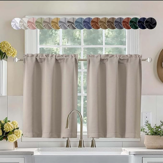 Aiyufeng Stone Short 36 Inches Blackout Curtain 2 Panels Set, Half Window Rod Pocket Privacy Curtain Tiers for Kitchen, Curtains Blackout for Bathroom Shades, W40 x L36 Inch, Stone