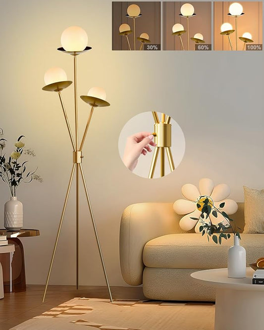 Lightdot Tripod Floor Lamp Dimmable Globe Floor Lamps with 3 LED Bulbs, 3000K Soft Warmwhite Mid Century Modern Standing Lamps Gold Tall Lamp for Living Room Bedroom
