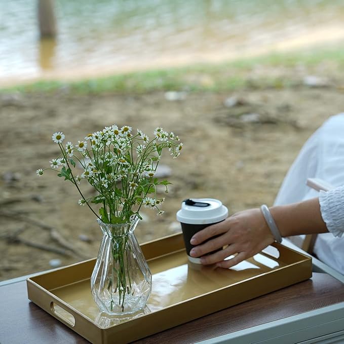 Zosenley Decorative Tray, Rectangular Plastic Tray with Handles, Modern Vanity Tray and Serving Tray for Bathroom, Kitchen, Ottoman and Coffee Table, 15.6" x 10.2"(Gold)