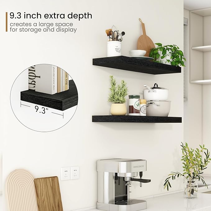 Fun Memories 32Inch Floating Shelves, 9.3Inch Deep Rustic Wall Shelves - Extra Deeper & Thicker Wall Mounted Storage Shelf for Kitchen, Farmhouse - Set of 2 - Rustic Black