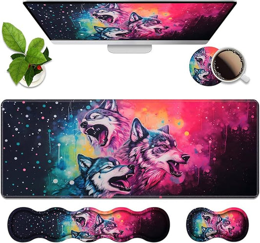 4 in 1 Ergonomic Memory Foam Mouse Pad Wrist Rest Set, Large XXL Gaming Desk Pad + Keyboard Wrist Rest + Mouse Wrist Cushion + Coaster for Home Office Study Gaming, Watercolor Art Wolf Howling