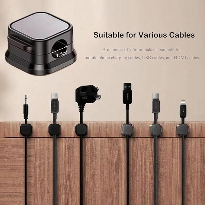 10 Pack Cord Organizer, Magnetic Cord Holder, Cable Clips for Desk, Adhesive Cable Management Wire Keeper for Nightstand, Home, Office, Desktop, Car, Wall (Black)