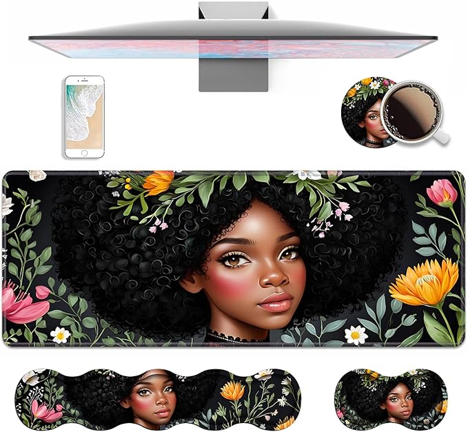 4 in 1 Ergonomic Keyboard Wrist Rest & Mouse Pad Wrist Rest Set, Large XXL Gaming Desk Mat 31.5"x 11.8" with Non-Slip Base, Memory Foam for Home Office Study Gaming, American Black Girl