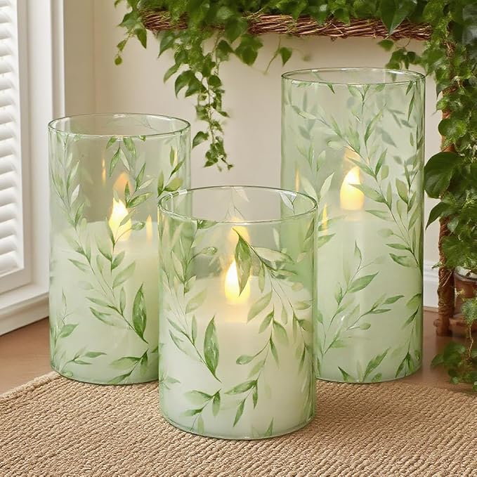 Green Flameless Candles with Remote Willow Leaf Design Battery Operated Candles - Elegant Home Christmas Summer Decor Set of 3