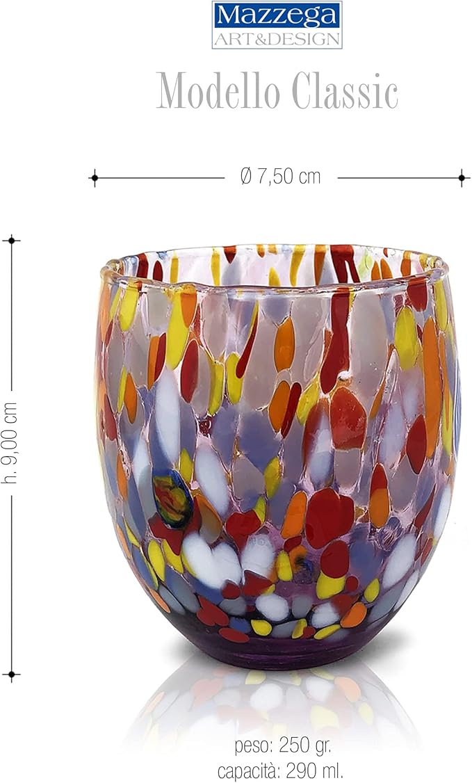 MAZZEGA ART & DESIGN - Set of 6 Handcrafted Blown Glass Water Glasses with Refined and Original Murano Murrine - The Colors of Murano - 'Classic 9,8 oz' Model. Made in Italy (6, Purple)