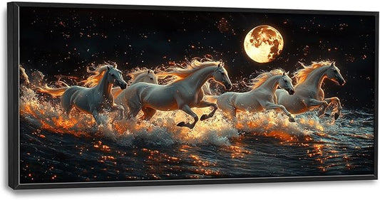 Horse Wall Art, White Horses Pictures Wall Decor, Running Animal in Moonlight Canvas Prints Painting, Large Framed Artwork for Living Room Office Bedroom Bathroom Corridor 60"x 30"