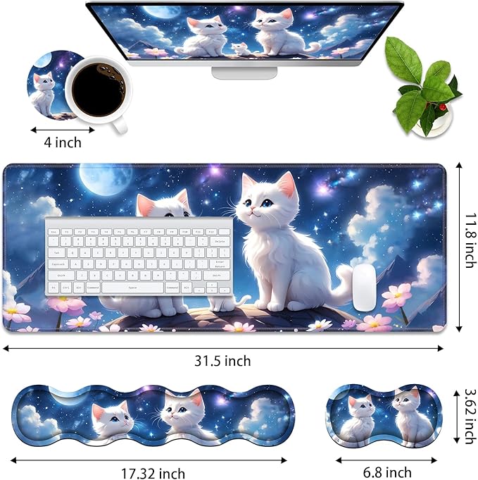 4 in 1 Ergonomic Memory Foam Mouse Pad Wrist Rest Set, Large XXL Gaming Desk Pad + Keyboard Wrist Rest + Mouse Wrist Cushion + Coaster for Home Office Study Gaming, Cute Cat