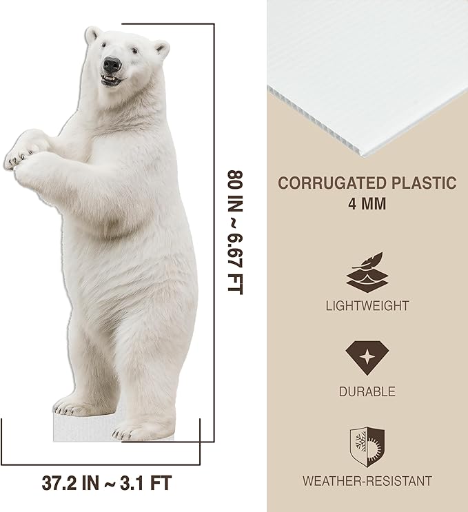 Polar Bear - Standing Life Size Standee - 6.6FT Freestanding Coroplast Cutouts | Safari Animal Standup Photo Booths, Jungle Party, Birthday & Halloween Decorations