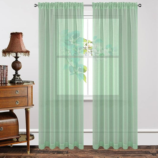 Joydeco Green Sheer Curtains 84 Inch Length 2 Panels Set, Rod Pocket Long Sheer Curtains for Window Bedroom Living Room, Lightweight Semi Drape Panels for Yard Patio (54x84 inch, Mint Green)