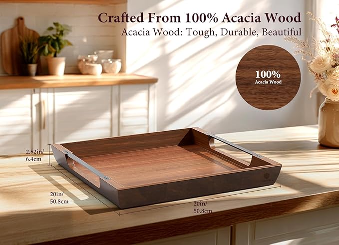 Large Ottoman Tray: 20" Square Acacia Wood Serving Tray with Unique Metal Handles – Extra Large Decorative Tray for Coffee Table, Breakfast in Bed, Charcuterie, Kitchen, Living Room & Party