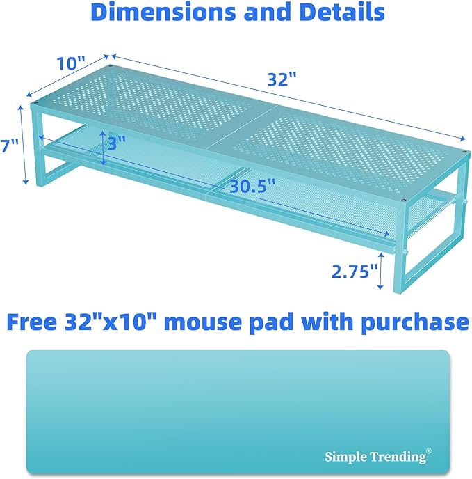 Simple Trending 2 Tier Metal Dual Monitor Stand Riser, Computer Office Desktop Organizer for 2 Monitors with 32"x10" Mouse Pad for Laptop, Printer, TV, Blue