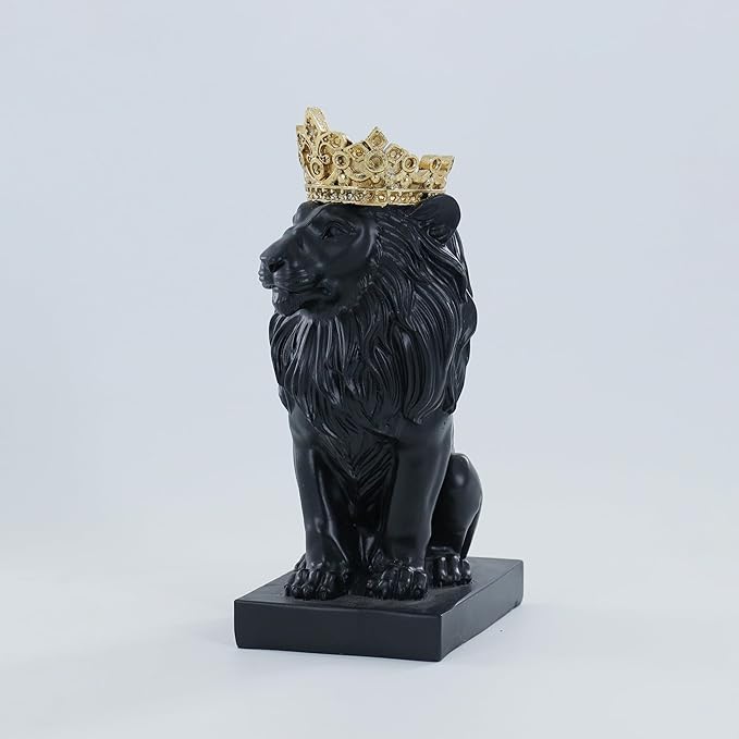 8" Crown Lion King Statue Decor, The King of Beasts - Statue Decoration for Home/Study/Living Room, Great Collectible Figurines, Best Gift for The Man, Black Golden Color
